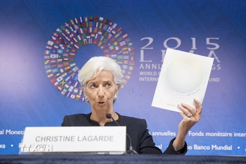 Giám đốc Quỹ Tiền tệ quốc tế (IMF) Christine Lagarde phát biểu tại Hội nghị thường niên của IMF và WB. (Ảnh: Reuters/TTXVN)