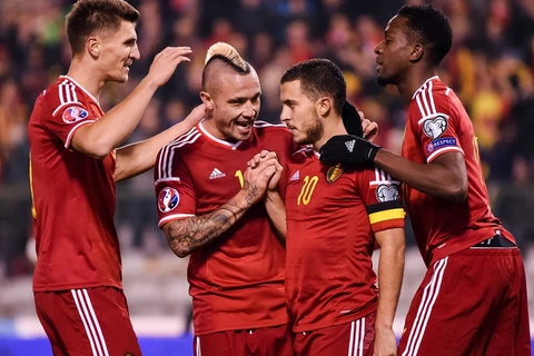 Các cầu thủ Bỉ ăn mừng sau khi vượt qua Israel với tỷ số 3-1. (Ảnh: AP)