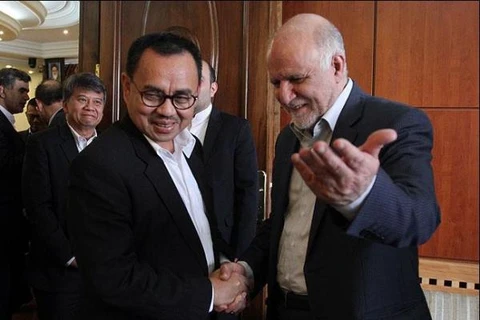 Bộ trưởng Bộ Năng lượng và Tài nguyên Khoáng sản Indonesia Sudirman Said (trái) gặp Bộ trưởng Bộ Năng lượng và Dầu của Iran. (Ảnh: SHANA)