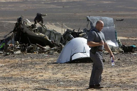 Một nhà điều tra bên cạnh xác chiếc máy bay Airbus A-321 của hãng hàng không Nga Kogalymavia. (Ảnh: AP)