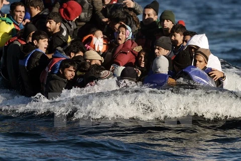 Hành trình vượt biển Aegean đầy nguy hiểm của người di cư từ Thổ Nhĩ Kỳ tới đảo Lesbos, Hy Lạp ngày 30/10/2015. (Ảnh: AFP/TTXVN)