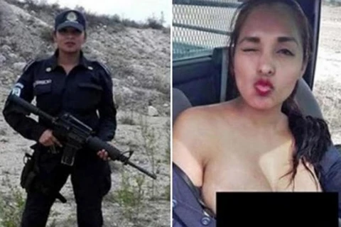 Nữ cảnh sát Mexico chụp ảnh tự sướng trên ôtô tuần tra. (Nguồn: The Sun)