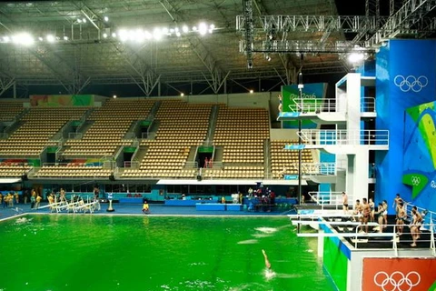 Nước ở bể bơi ở Trung tâm Thể thao dưới nước Maria Lenk chuyển thành màu. (Nguồn: Getty Images) 