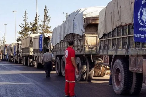 Đoàn xe chở hàng viện trợ nhân đạo của Liên hợp quốc tại tỉnh Aleppo. (Nguồn: EPA)