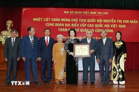 Chủ tịch Quốc hội Nguyễn Thị Kim Ngân tặng bức tranh cho bà con Việt kiều. (Ảnh: Trọng Đức/TTXVN)
