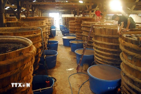 Cơ sở sản xuất nước mắm Hồng Đại tại thị trấn Dương Đông .(Ảnh: Thanh Vũ/TTXVN)
