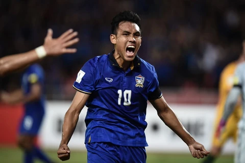 Teerasil Dangda lập cú đúp giúp Thái Lan có điểm đầu tiên tại vòng loại World Cup 2018. (Nguồn: Getty Images)