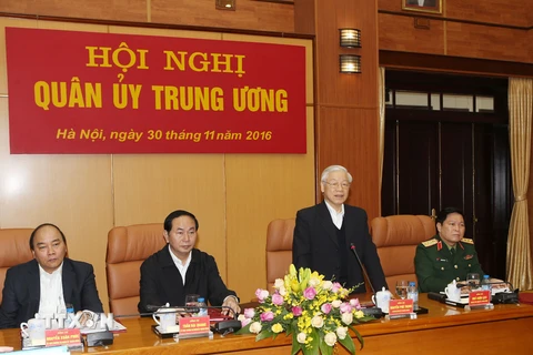 Tổng Bí thư Nguyễn Phú Trọng, Bí thư Quân ủy Trung ương phát biểu tại Hội nghị. (Ảnh: Trí Dũng/TTXVN)