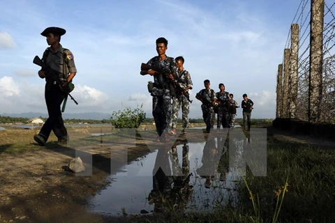 Cảnh sát Myanmar tuần tra tại khu vực Maungdaw, bang Rakhine ngày 14/10. (Nguồn: AP/TTXVN) 