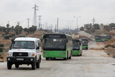 Đoàn xe chở người sơ tán khỏi thành phố Aleppo. (Nguồn: AFP)