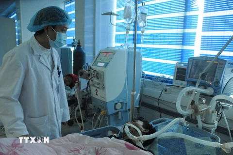 Bệnh nhân Phu A Sử, tiên lượng xấu, nguy cơ tử vong cao, đang được cấp cứu tại Bệnh viện Đa khoa tỉnh Lai Châu.( Ảnh: Công Hải/TTXVN)