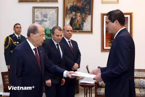 Đại sứ Đỗ Hoàng Long trình Thư ủy nhiệm của Chủ tịch nước lên Tổng thống Liban Michel Aoun. (Ảnh: Nguyễn Trường/Vietnam+)