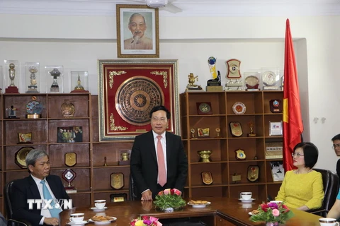 Phó Thủ tướng, Bộ trưởng Ngoại giao Phạm Bình Minh đến thăm, nói chuyện với cán bộ nhân viên Đại sứ quán Việt Nam tại Ấn Độ. (Ảnh: Huy Bình/TTXVN)