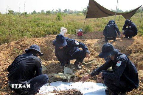 Các chiến sỹ đội tìm kiếm, cất bốc hài cốt liệt sỹ tỉnh Tây Ninh - Đội K71 tại một khu mộ hài cốt liệt sỹ được tìm thấy. (Ảnh: TTXVN)