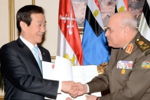 Bộ trưởng Hàn Quốc Song Young-moo và người đồng cấp Sedki Sobhi của Ai Cập. (Nguồn: Yonhap)