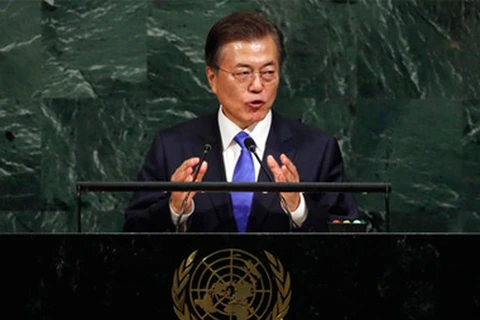 Tổng thống Hàn Quốc Moon Jae-in phát biểu tại Đại hội đồng Liên hợp quốc. (Nguồn: AP)