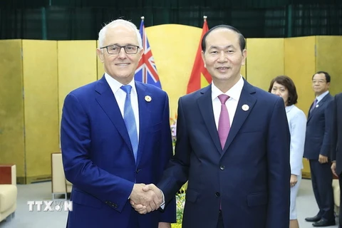 Chủ tịch nước Trần Đại Quang tiếp song phương Thủ tướng Australia Malcolm Turnbull. (Ảnh: TTXVN)