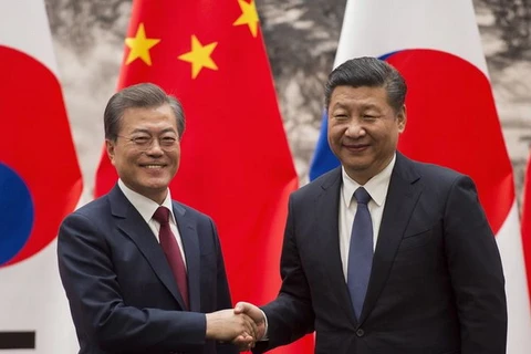 Tổng thống Hàn Quốc Moon Jae-in và Chủ tịch Trung Quốc Tập Cận Bình. (Nguồn: AP)