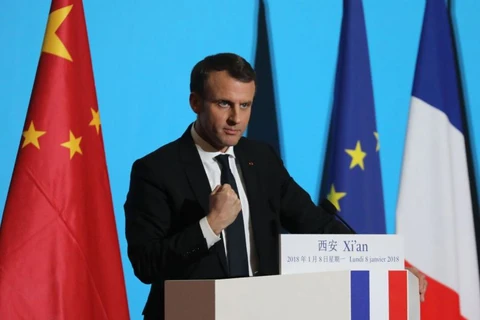 Tổng thống Pháp Macron phát biểu trong chuyến thăm Trung Quốc. (Nguồn: AFP)