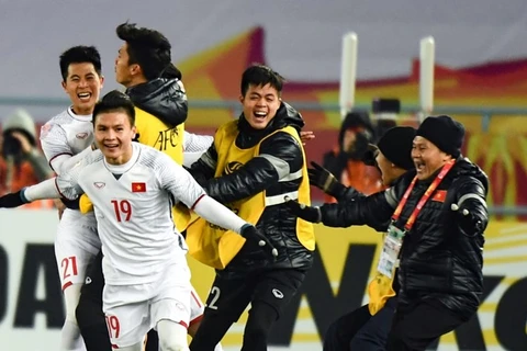 Các cầu thủ U23 Việt Nam ăn mừng chiến thắng. (Nguồn: AFC)