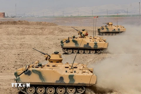 Xe quân sự Thổ Nhĩ Kỳ tham gia cuộc tập trận chung Thổ Nhĩ Kỳ-Iraq gần khu vực cửa khẩu Habur, Thổ Nhĩ Kỳ ngày 27/9/2017. (Nguồn: AFP/TTXVN​)
