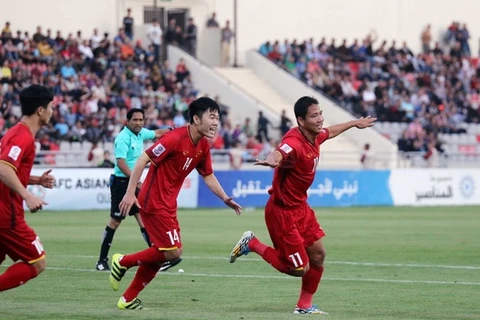 Cầu thủ Việt Nam ăn mừng bàn thắng ở trận gặp Jordan. (Nguồn: VFF)