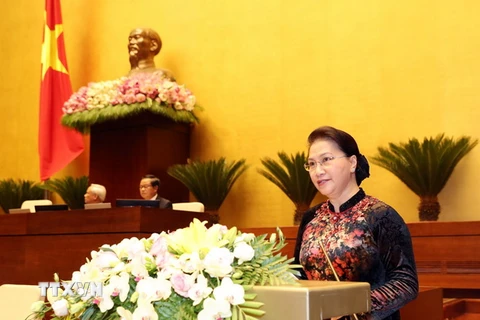 Chủ tịch Quốc hội Nguyễn Thị Kim Ngân phát biểu khai mạc Kỳ họp thứ năm, Quốc hội khoá XIV. (Ảnh: Trọng Đức/TTXVN)