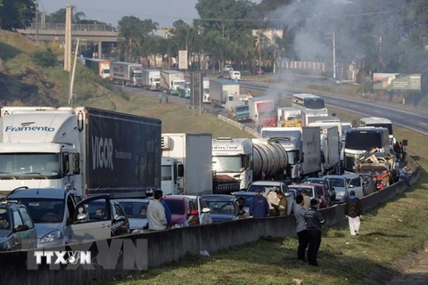 Các tài xế xe tải tham gia đình công yêu cầu giảm giá nhiên liệu tại Sao Paulo, Brazil ngày 24/5 vừa qua. (Ảnh: EPA/TTXVN)