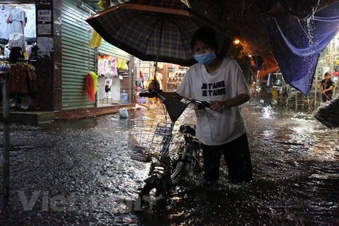 Chợ Nhà Xanh Hà Nội ngập nặng trong cơn mưa lớn hôm 12/5. (Ảnh: Minh Sơn/Vietnam+)