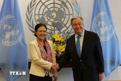 Đại sứ Nguyễn Phương Nga chào từ biệt Tổng thư ký Liên Hợp Quốc Antonio Guterres kết thúc nhiệm kỳ công tác. (Ảnh: Nguyễn Hữu Hoàng/TTXVN)