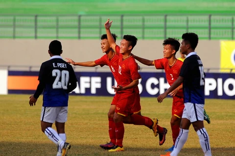 U16 Việt Nam (áo đỏ) có chiến thắng đầu tay. (Nguồn: VFF)