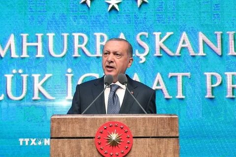 Tổng thống Thổ Nhĩ Kỳ Recep Tayyip Erdogan phát biểu tại Ankara ngày 3/8. (Ảnh: AFP/TTXVN)