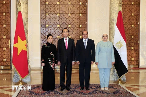 Tổng thống Ai Cập Abdel Fattah Al Sisi và Phu nhân đón Chủ tịch nước Trần Đại Quang và Phu nhân. (Ảnh: Nhan Sáng/TTXVN)