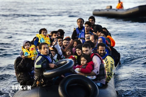Người di cư tới đảo Lesbos, Hy Lạp, ngày 14/10/2015. (Ảnh: AFP/TTXVN)