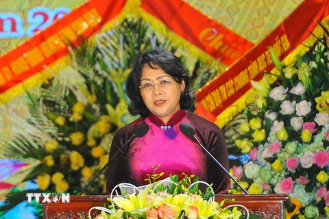 Phó Chủ tịch nước Đặng Thị Ngọc Thịnh phát biểu tại buổi lễ. (Ảnh: Minh Đức/TTXVN)