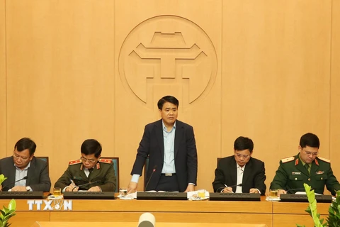 Chủ tịch UBND thành phố Hà Nội Nguyễn Đức Chung chủ trì họp rà soát công tác chuẩn bị tổ chức Hội nghị Thượng đỉnh Mỹ-Triều Tiên lần thứ hai. (Ảnh: Lâm Khánh/TTXVN) 