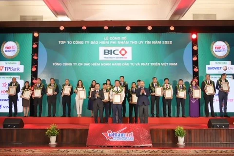 Tổng Công ty Bảo hiểm BIDV (BIC) vinh dự lần thứ 7 liên tiếp được vinh danh trên bảng xếp hạng Top 10 công ty bảo hiểm phi nhân thọ uy tín nhất Việt Nam. (Ảnh: PV/Vietnam+)