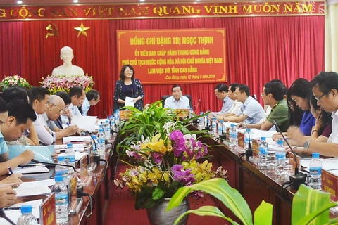 Phó Chủ tịch nước Đặng Thị Ngọc Thịnh phát biểu tại buổi làm việc với lãnh đạo chủ chốt tỉnh Cao Bằng. (Ảnh: Quốc Đạt/TTXVN)