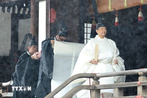 Nhật hoàng Naruhito làm lễ tại Điện thờ cung Hoàng gia ở Tokyo, trước lễ Đăng quang ngày 22/10/2019. (Ảnh: Kyodo/TTXVN) 