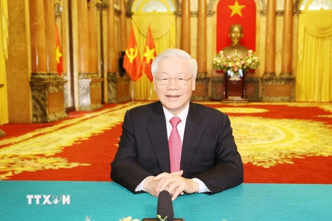 Tổng Bí thư, Chủ tịch nước Nguyễn Phú Trọng gửi thông điệp tới Phiên thảo luận chung cấp cao Khóa 75 Đại hội đồng Liiên hợp quốc. (Ảnh: Trí Dũng/TTXVN)
