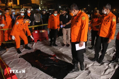 Nhân viên cứu hộ tham gia tìm kiếm chiếc máy bay xấu số tại cảng Jakarta. (Ảnh: AFP/TTXVN)