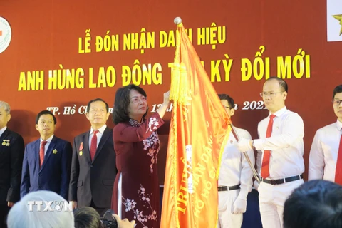 Phó Chủ tịch nước Đặng Thị Ngọc Thịnh trao tặng danh hiệu Anh hùng Lao động thời kỳ đổi mới cho tập thể Bệnh viện Nhân dân 115 TP.HCM. (Ảnh: Đinh Hằng/TTXVN)