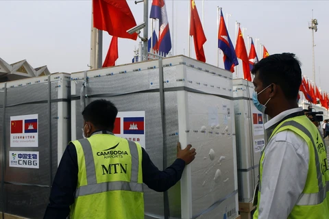 Campuchia tiếp nhận vắcxin COVID-19 do Trung Quốc viện trợ. (Ảnh: AP)