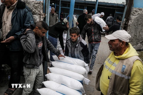 Người dân Palestine nhận hàng viện trợ từ LHQ. (Ảnh: AFP/TTXVN)