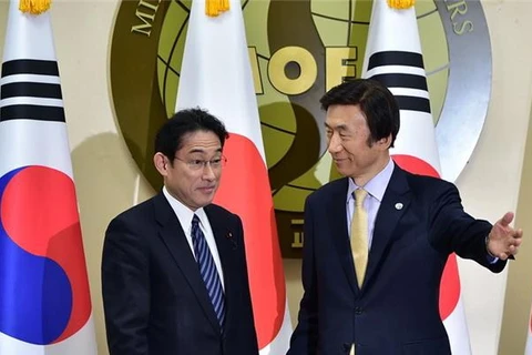 Ngoại trưởng Hàn Quốc Yun Byung-se (phải) và người đồng cấp Nhật Bản Fumio Kishida tại cuộc gặp ở Seoul ngày 21/3. (Ảnh: AFP)