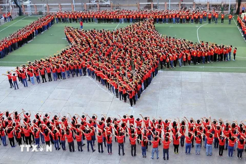 Trên 2.000 thanh niên tham gia xếp hình quốc kỳ Việt Nam tại ngày hội ''Tôi yêu Tổ quốc tôi.'' (Ảnh: An Hiếu/TTXVN)
