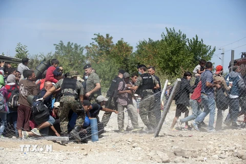 Người di cư xô xát với cảnh sát tại thị trấn Gevgelija ở biên giới Macedonia-Hy Lạp ngày 7/9. (Ảnh: AFP/TTXVN)