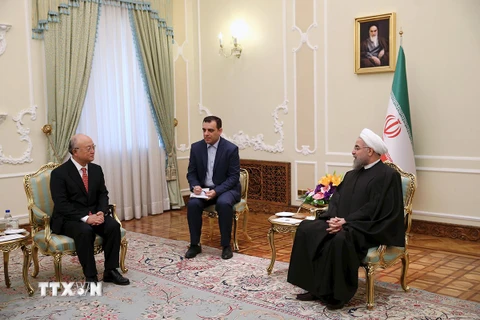 Tổng Giám đốc IAEA Yukiya Amano (trái) trong cuộc gặp Tổng thống Iran Hassan Rouhani tại Tehran ngày 20/9. (Ảnh: AFP/TTXVN)