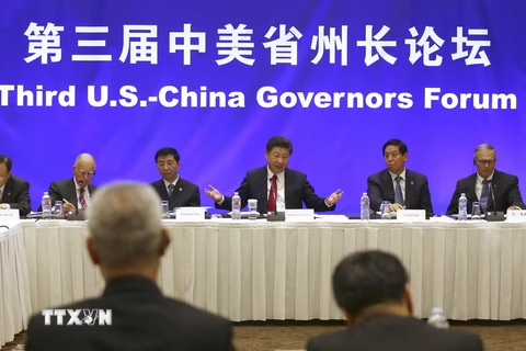 Chủ tịch Trung Quốc Tập Cận Bình trong cuộc gặp với giới lãnh đạo doanh nghiệp Mỹ tại Seattle ngày 22/9. (Ảnh: AFP/TTXVN)