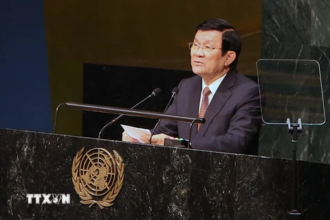 Chủ tịch nước Trương Tấn Sang phát biểu tại phiên khai mạc Hội nghị Thượng đỉnh Liên hiệp quốc. (Ảnh: Nguyễn Khang​/TTXVN)